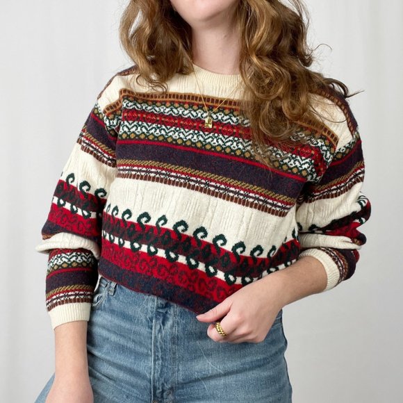 Vintage Sweaters - Vintage Wool Fair Isle Cable Knit Sweater Made In Scotland Oversized Grandpa